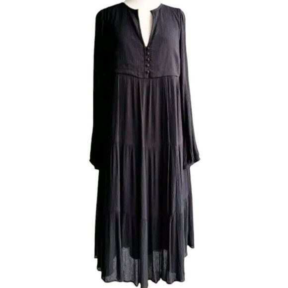 Loft Swing Tiered Midi Dress Black Long Sleeve Crinkle Cloth Split Neck | M NWT - Picture 1 of 11
